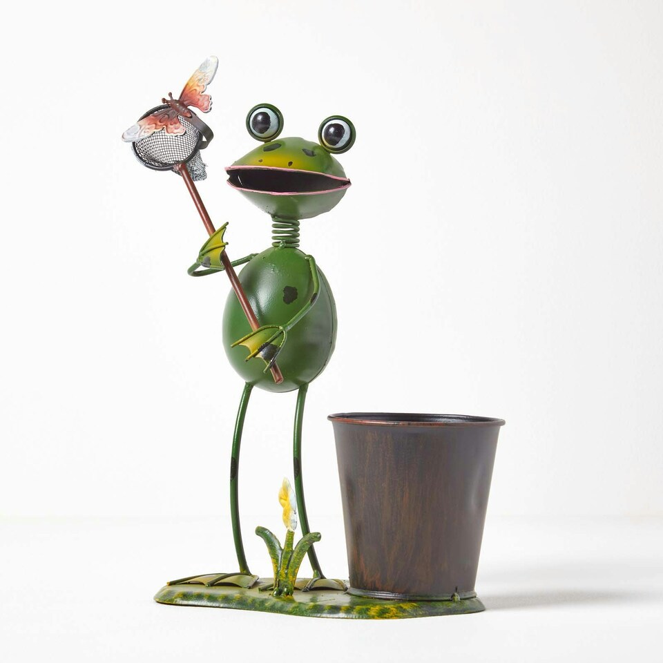 image 1 of Homescapes Metal Frog with Butterfly Net and Flower Pot - 31 cm Tall