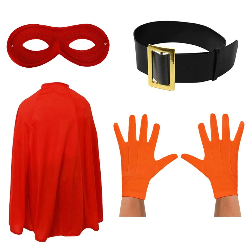 image 1 of Super Potato Costume Hero Set - Belt, Gloves, Red Mask & Cape Red | One Size