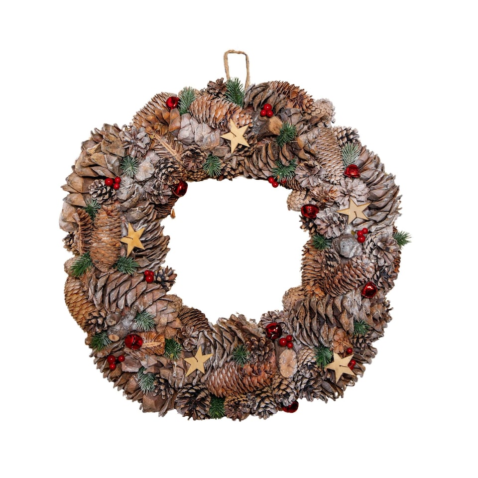 image 1 of 50cm Frosted Hanging Christmas Wreath with Red Jingle Bells & Wooden Stars