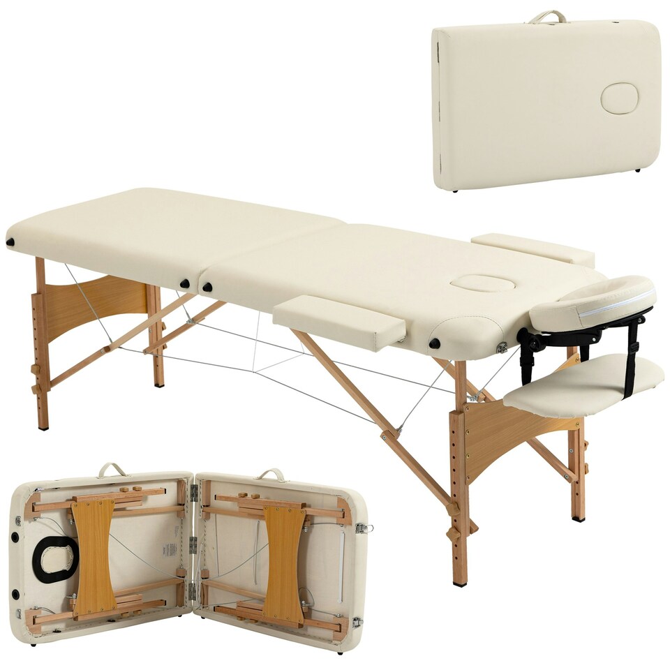 image 1 of HOMCOM Wooden Folding Spa Beauty Massage Table w/ 2 Sections, Carry Bag, Cream