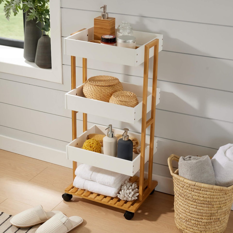 image 1 of Bamboo Storage Trolley White 4 Tier with Wheels Kitchen Bathroom Organiser Unit