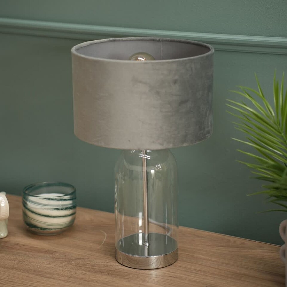 image 1 of ValueLights Jessy Glass Chrome Metal Table Lamp Grey Velvet Shade & Bulb