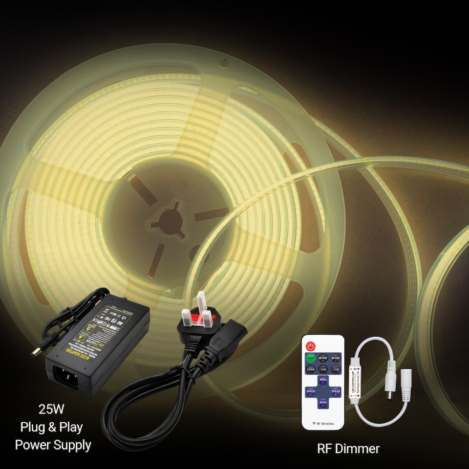 image 1 of 5 Meters Set of 24V Dotless COB Strip with 480 LEDsM Dimming Controller UK Adapter Plug 3000K
