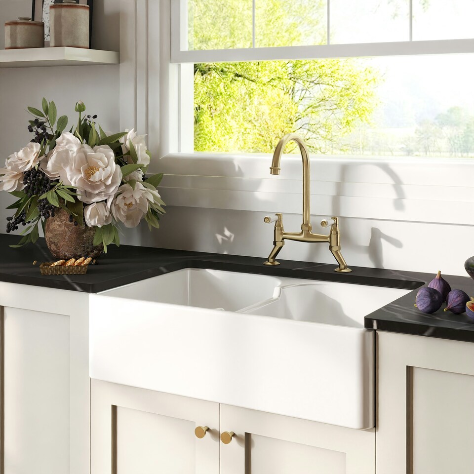 image 1 of Fireclay Kitchen Sink Bundle - Double Bowl Stepped Weir Butler Sink, Wastes & Bridge Lever Tap, 795mm - Brushed Brass - Balterley