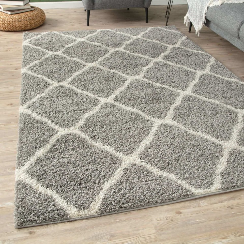 image 1 of The Rugs Moroccan Collection Soft High Pile Shaggy Lattice Floor Rugs and Runners Living Room