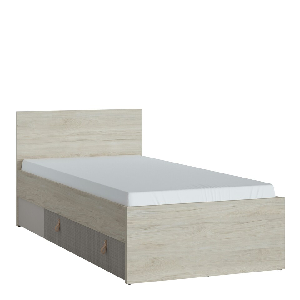 image 1 of Denim 90cm Bed with 1 Drawer in Light Walnut, Grey Fabric Effect and Cashmere