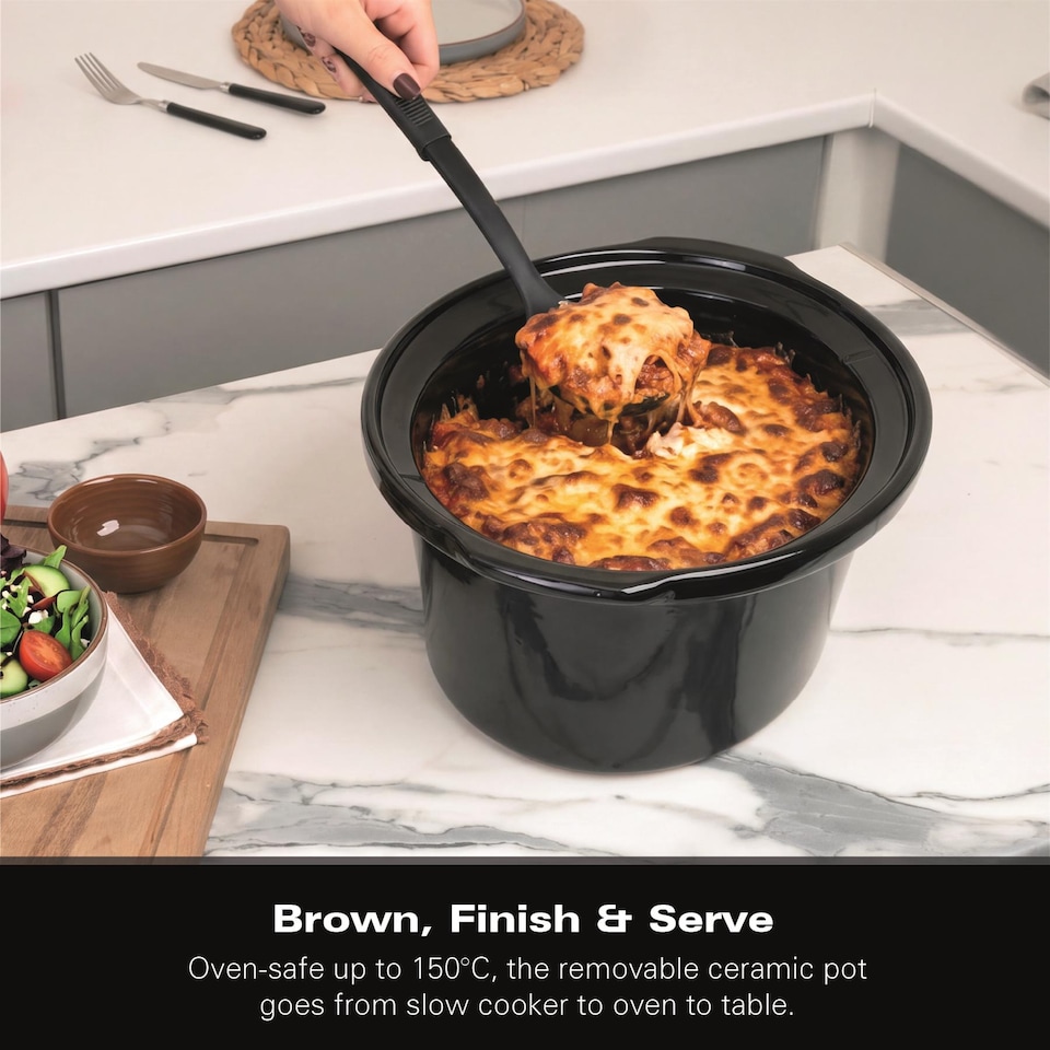 image 1 of Hamilton Beach Slow Cooker, 3.5 Litres, Comfort Cook, 160W, Energy-Efficient, Removable Oven-Safe Ceramic Bowl, 3 Heat Settings, Serves 2-4 People, Easy Clean, Black - HBSC040B