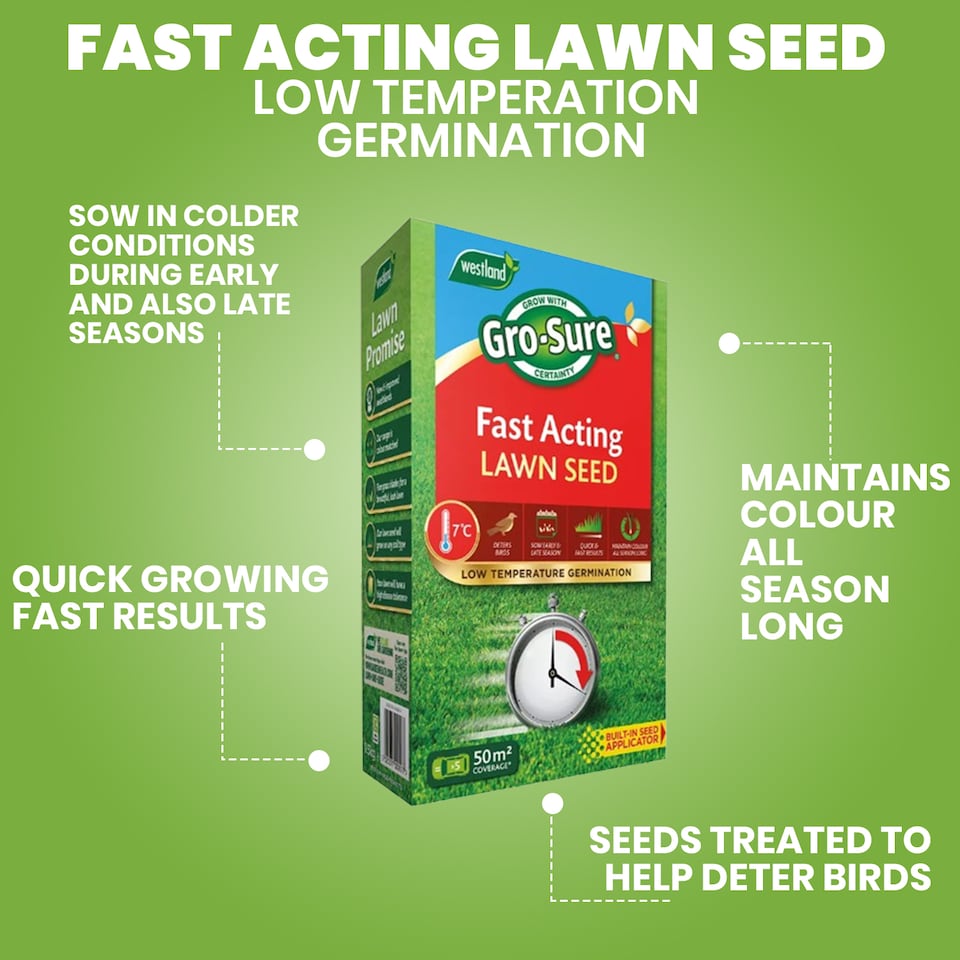 image 1 of Gro-Sure Fast Acting Lawn Seed 50 Square Meter 1.5kg Box Quick Germination Cold Tolerant Bird Deterrent Grass Seed