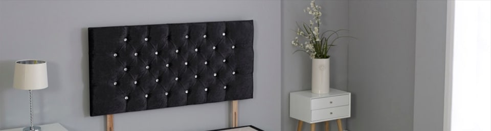 Black Crush Velvet Chesterfield Crystal Button Headboard | Black | 3FT Single 20"inch Headboard