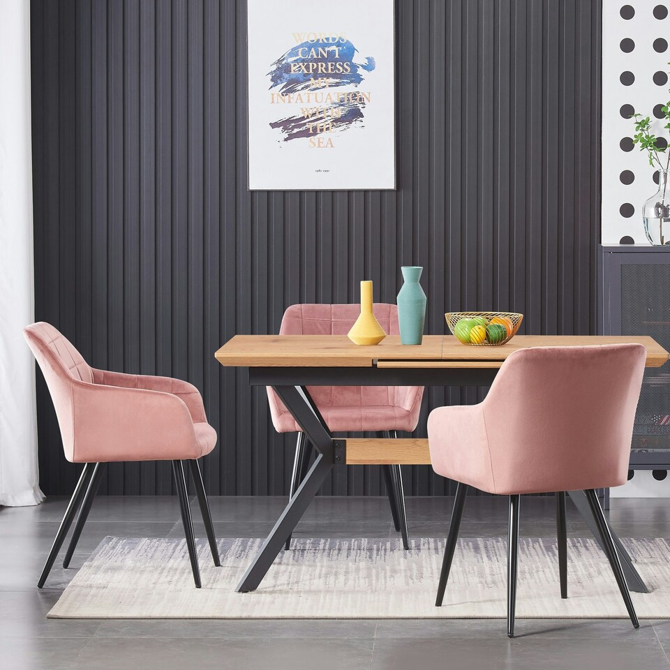 image 1 of Set of 4 Camden Modern Velvet Dining Chairs with Armrests, Quilted Design & Black Metal Legs Pink