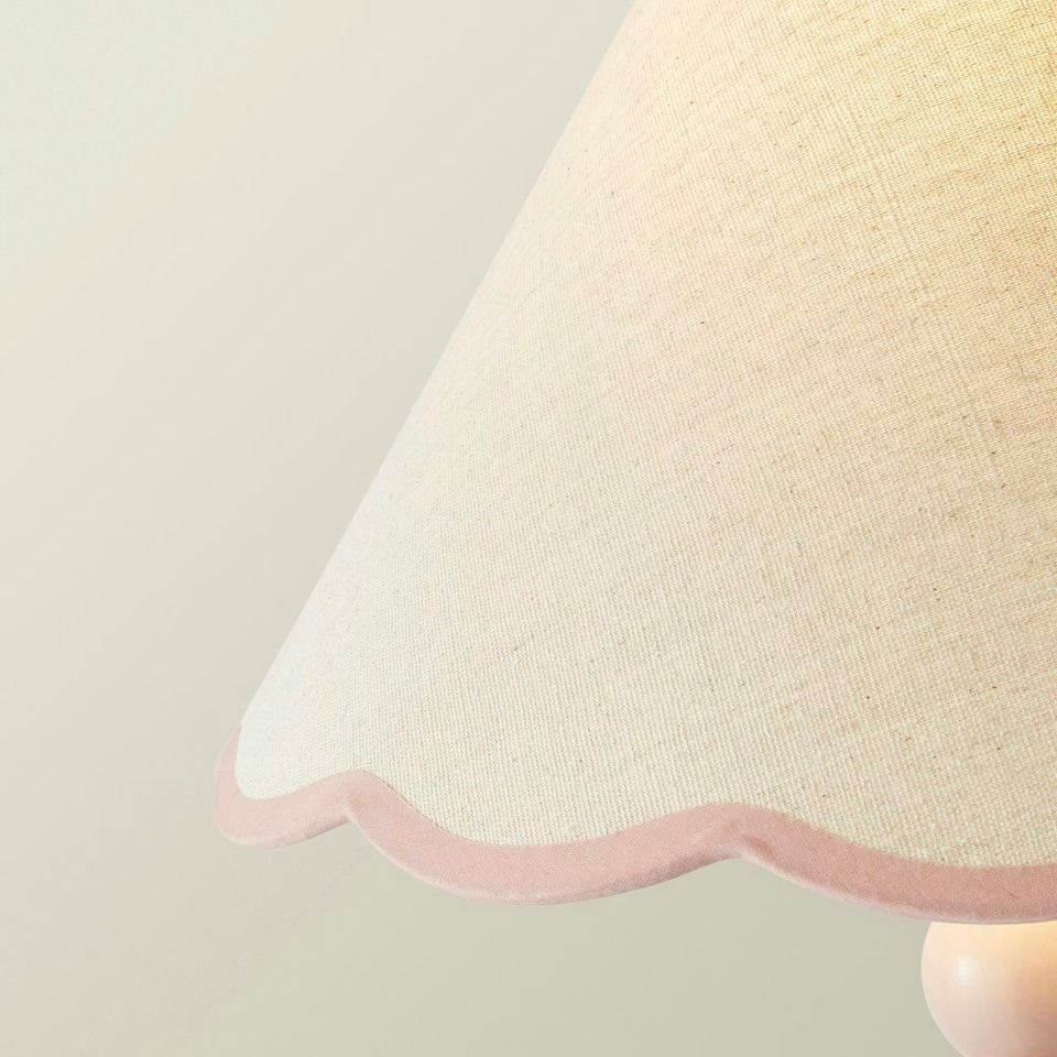 image 1 of ValueLights Bobbles Rose Pink Bobbin Floor Lamp with Pink Trim Scallop Shade