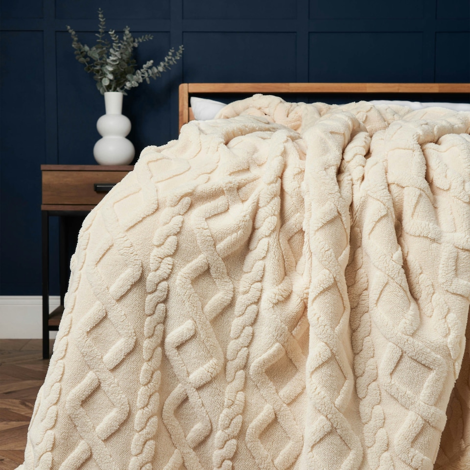 image 1 of BHS Cable Knit Throw with Sherpa Backing, Cream