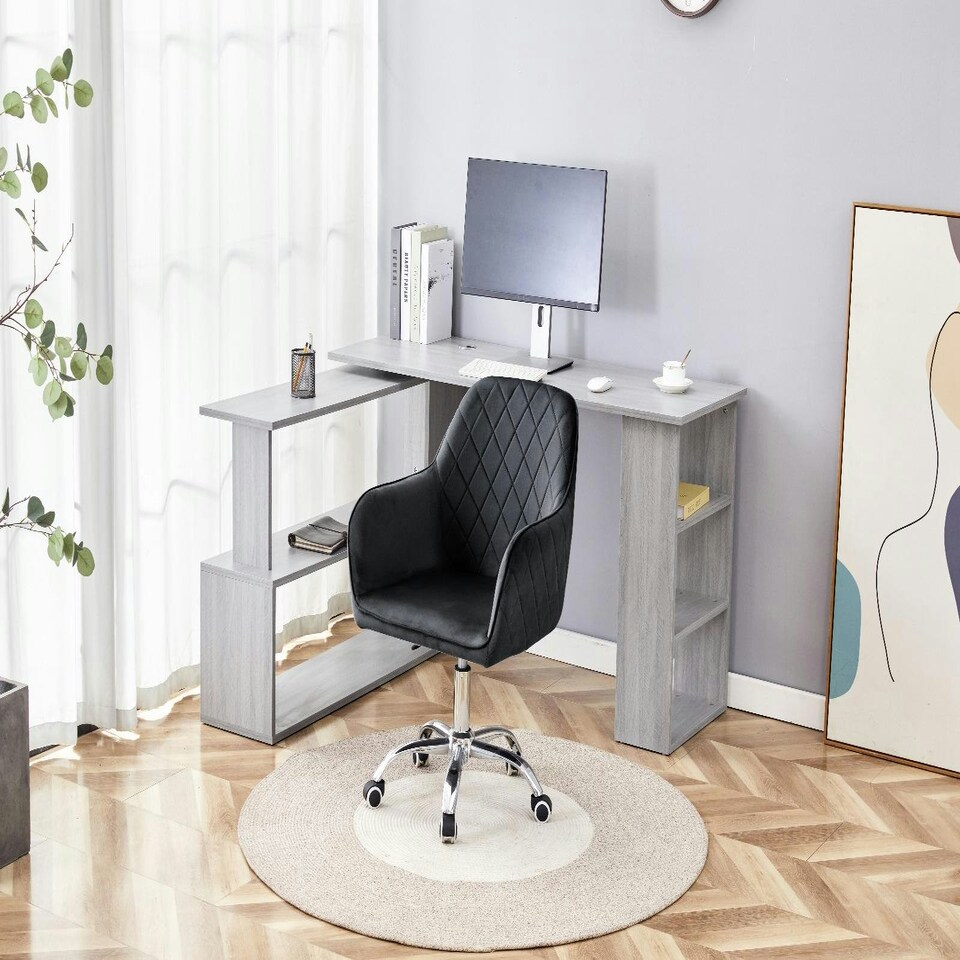 image 1 of Grey Office Desk with Black Velvet Upholstered Chair Wooden Room Furniture Grey