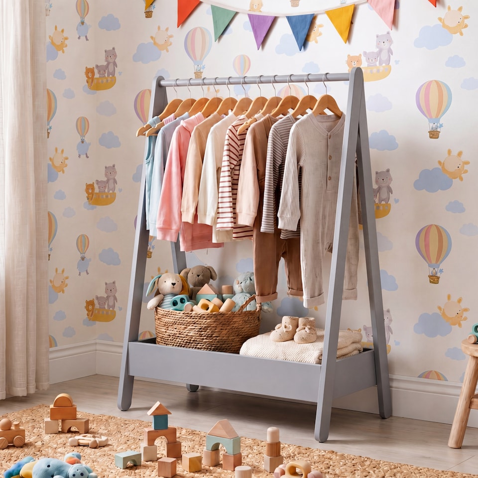 image 1 of Junior Vida Kids Bedroom Furniture Space Saving Foldable Clothing Rack - Grey