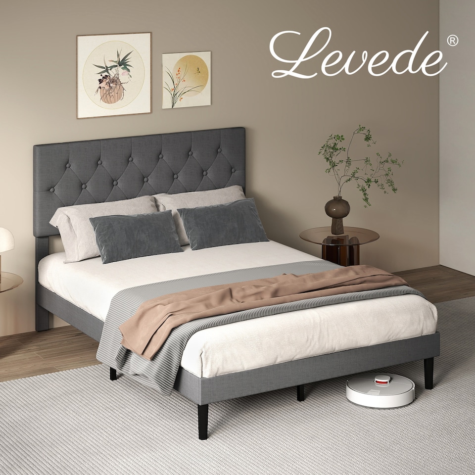 image 1 of Levede Bed Frame Upholstered Small Double Linen Fabric Soft Foam Headboard Wood | Grey | Grey