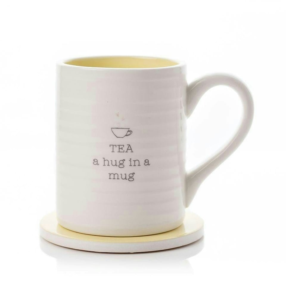image 1 of Widdop Love Life Mug & Coaster Set - Tea Hug | Yellow | White | 2