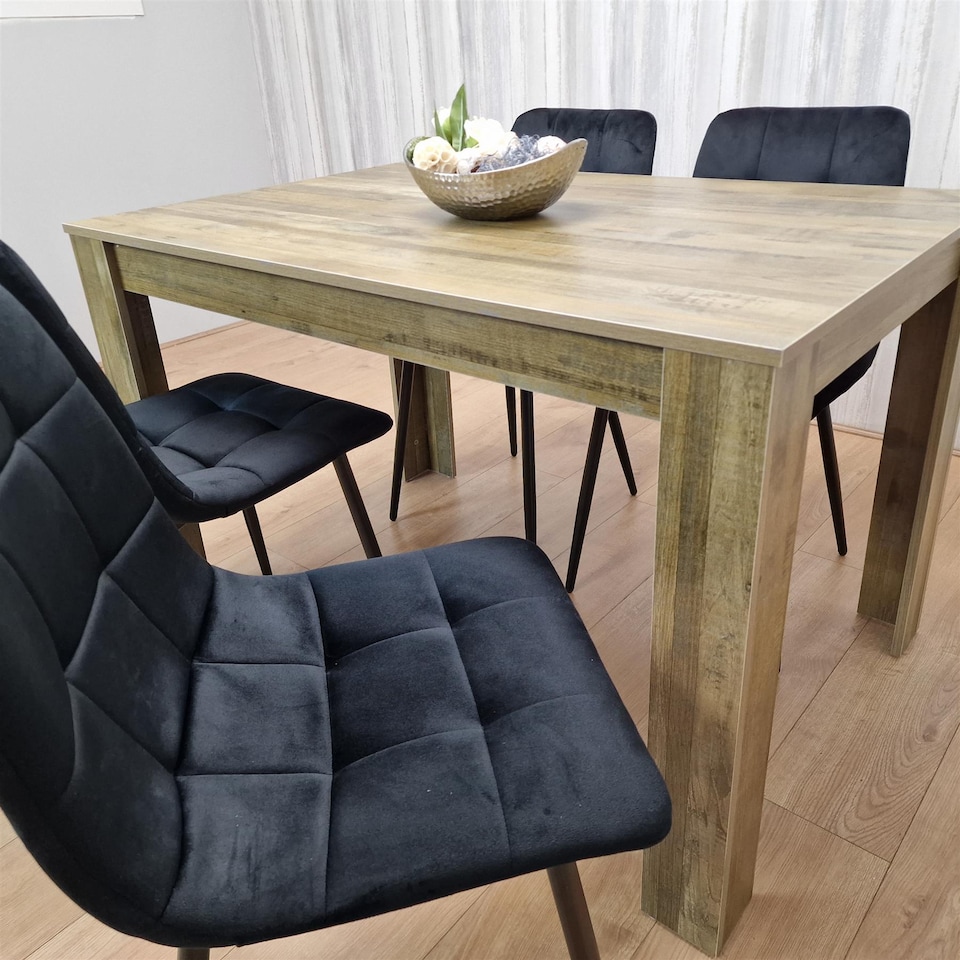 image 1 of Dining Table and 4 Chairs Rustic Effect Wood Table with 4 Black Velvet Dining Chairs