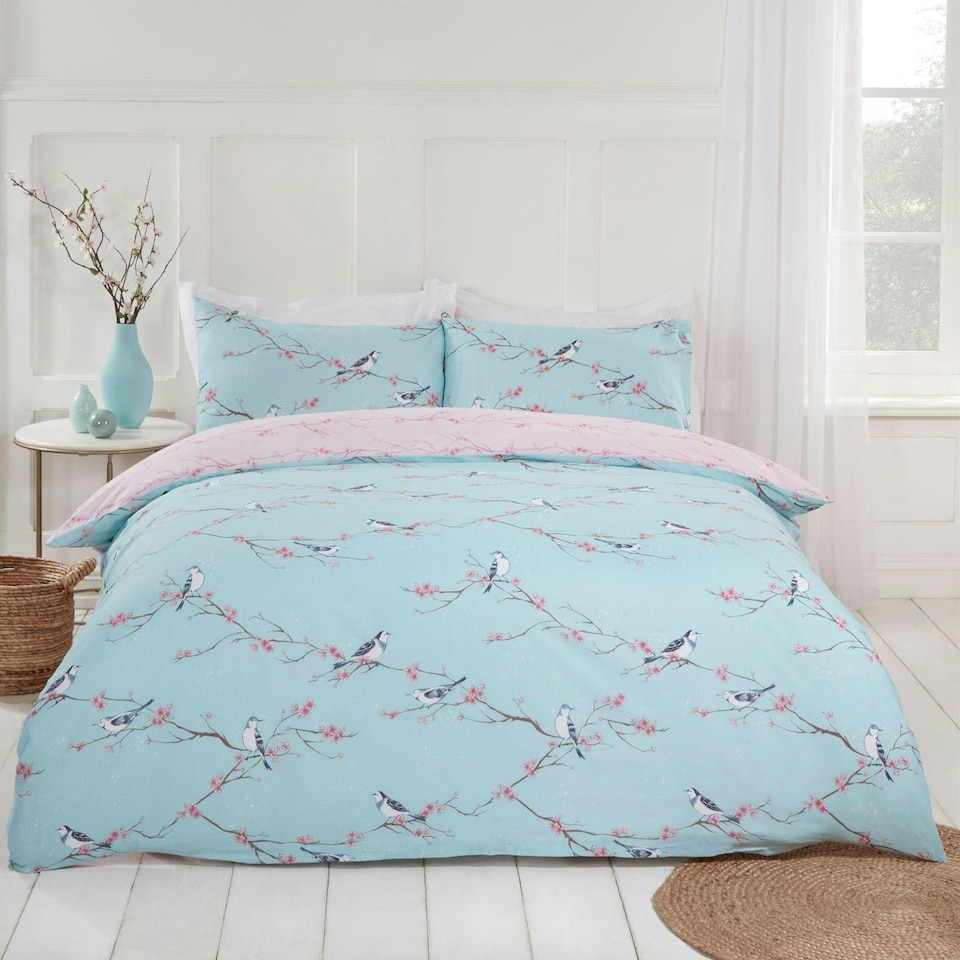 image 1 of OHS Blossom Bird Duvet Cover and Pillowcase Set, Double - Duck Egg Blue
