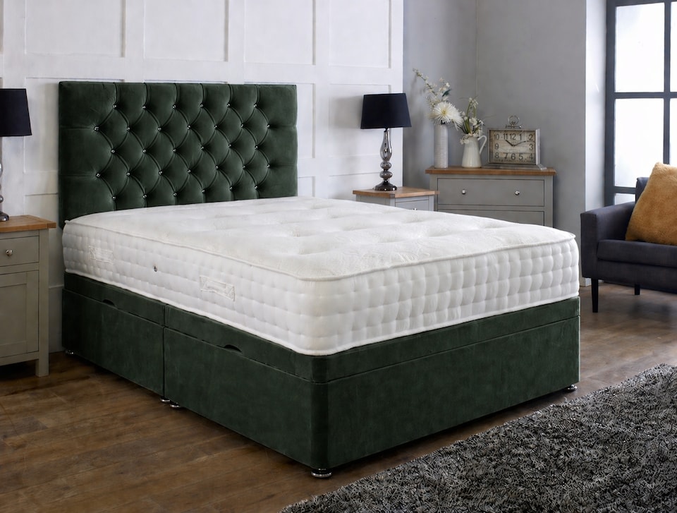 image 1 of Side Lift 4ft6 Double Green Plush Ottoman Bed With Headboard and Mattress