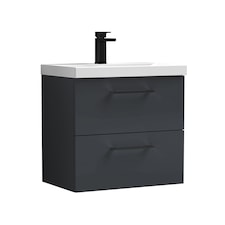 Balterley Wall Hung Bathroom 2 Drawer Vanity Unit and 1 Tap Hole Ceramic Basin, with Handles | Grey | Soft Black