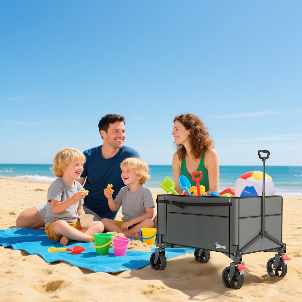 image 1 of Outsunny Folding Trolley on Wheels, Garden Cart with Openable Sides, Grey