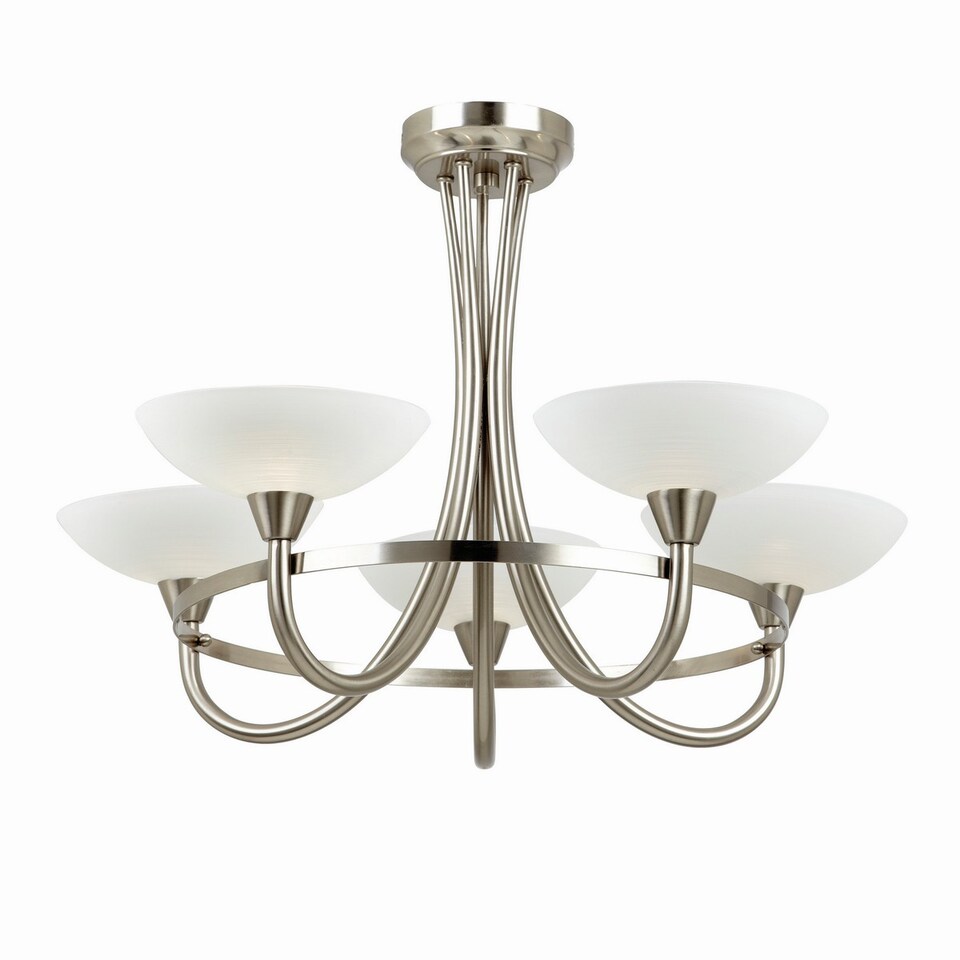 image 1 of Cagney 5 Light Semi Flush Multi Arm Ceiling Light Satin Chrome, White Painted Glass with Faint Line Pattern, G9