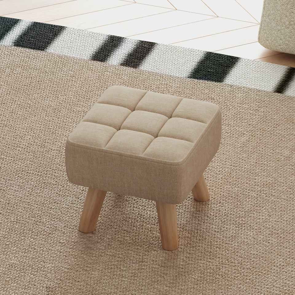 image 1 of HOMCOM Modern Tufted Footstool, Fabric Foot Stool with Rubber Wood Legs, Padded Seat, for Living Room, Bedroom, Entryway, Light Brown | Brown