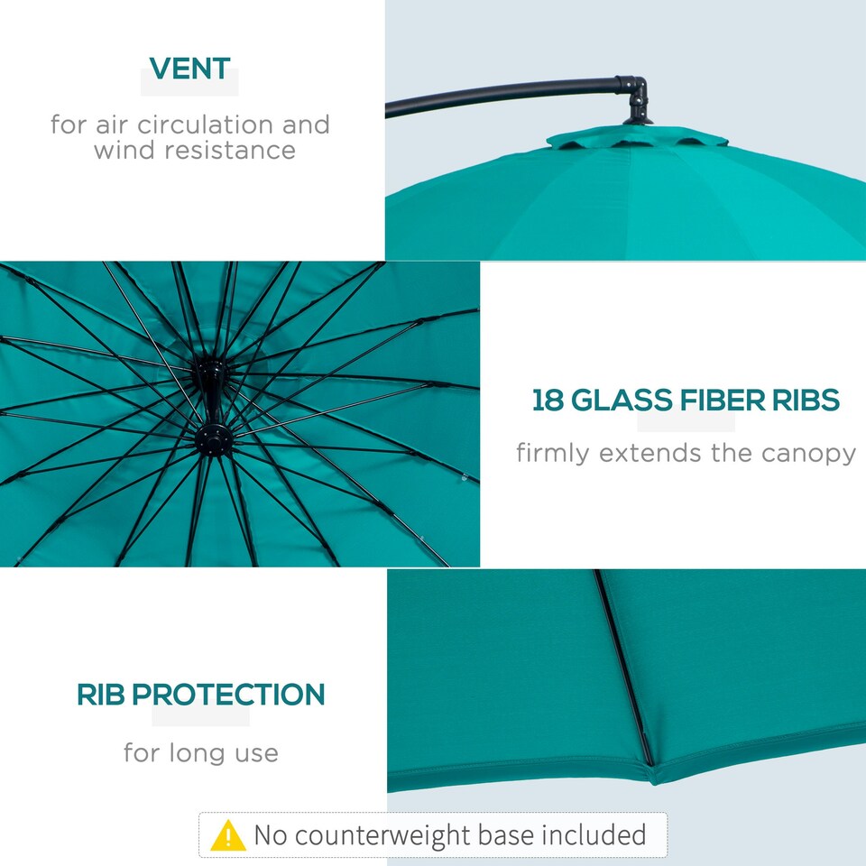 image 1 of Outsunny 3(m) Cantilever Shanghai Parasol w/ Crank Handle, Cross Base, Turquoise