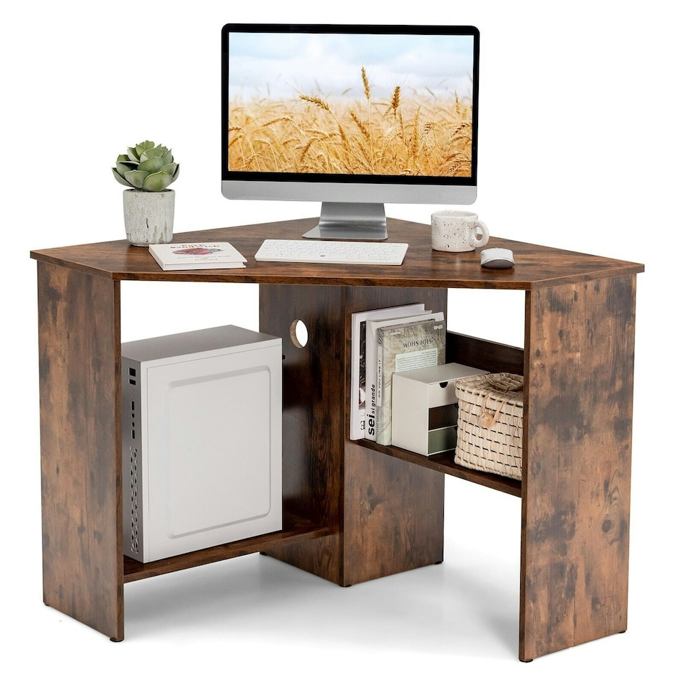 image 1 of COSTWAY Corner Desk Computer Table Workstation w/ Shelves Brown Brown