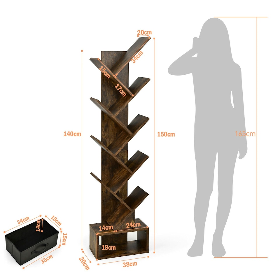 image 1 of COSTWAY 10 Tiers Bookshelf Display Bookcase with Drawer Brown Brown