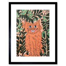 Ginger Orange Tabby Cat Plants Modern Folk Art 9x7" Black Framed Wall Art Print