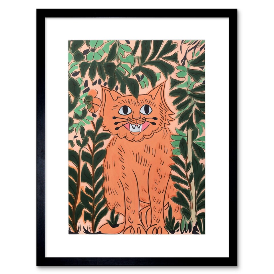 image 1 of Ginger Orange Tabby Cat Plants Modern Folk Art 9x7" Black Framed Wall Art Print