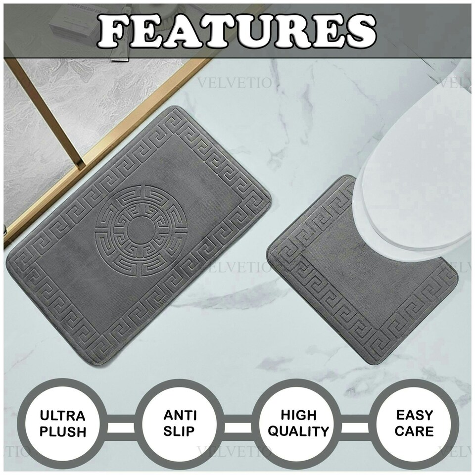 image 1 of VELVETIO Bath Mat Set Greek Pattern Anti Slip Memory Foam Toilet Rug Blue | Aqua