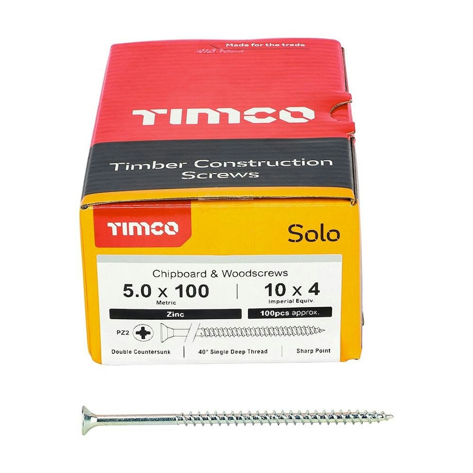 image 1 of Timco - Solo Chipboard & Woodscrews - PZ - Double Countersunk - Zinc (Size 5.0 x 100 - 100 Pieces)