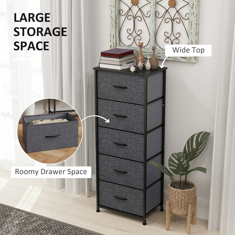image 1 of HOMCOM 5 Drawer Fabric Chest of Drawers w/ Wooden Top, Dark Grey | Grey