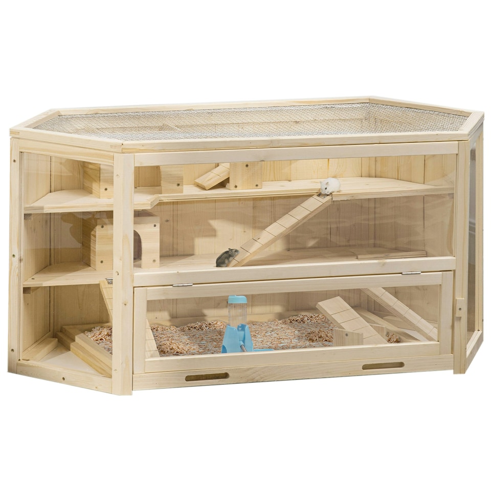 image 1 of PawHut 3 Tier Wooden Hamster Cage Gerbil Play Centre w/ Sliding Tray Ramps
