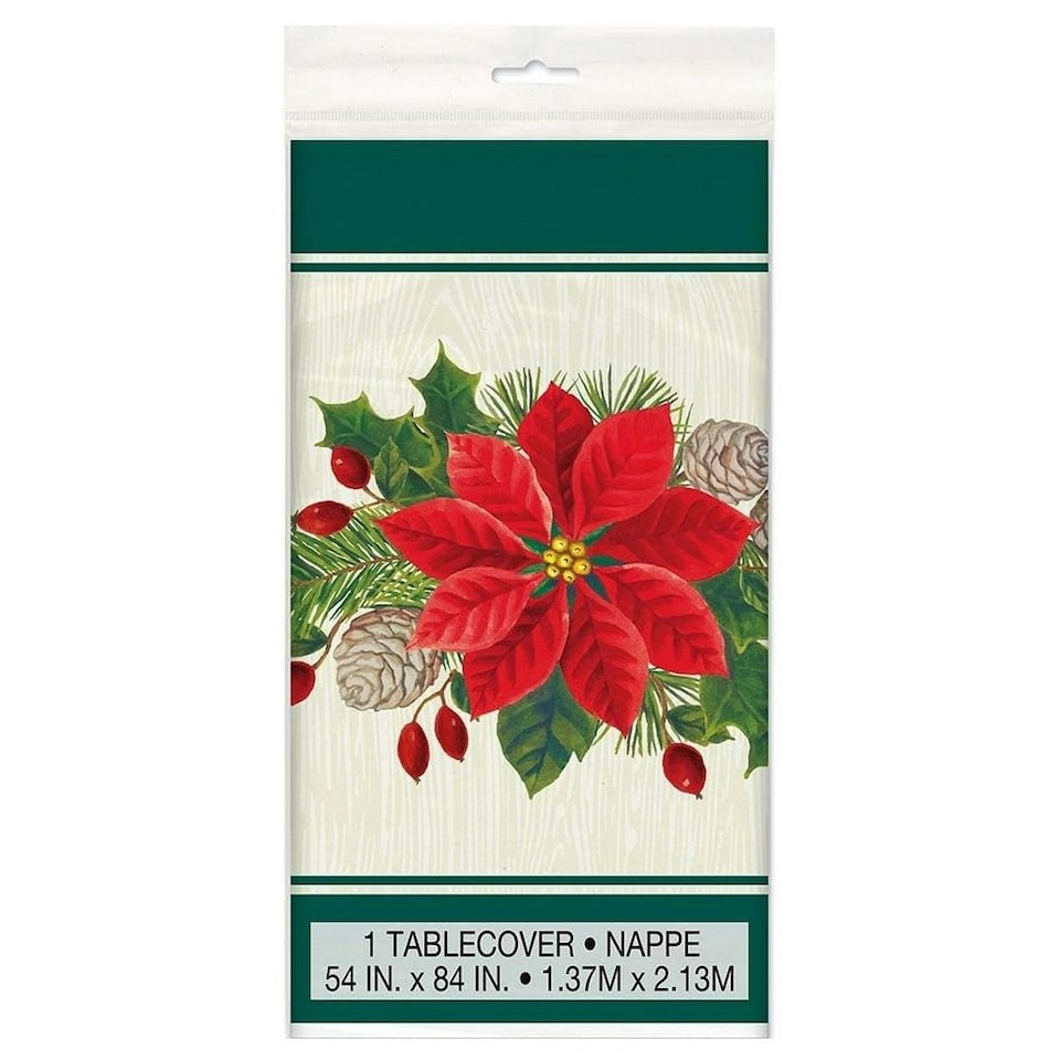 Unique Party Plastic Poinsettia Party Table Cover - White/Green/Red - One Size