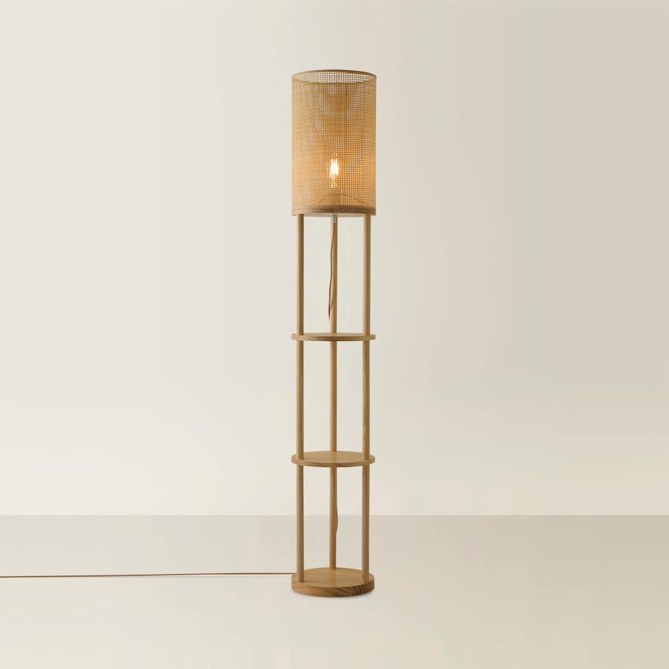 image 1 of ValueLights Elsa Oak Effect Natural Floor Lamp with Natural Shade & Bulb | Cream