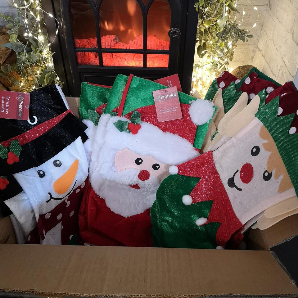 image 1 of Bulk of 36 Hanging Christmas Stockings with 3 Different Designs - Santa, Snowman & Elf