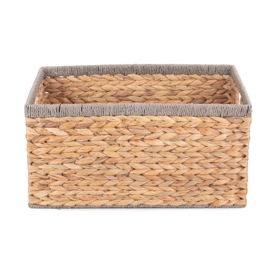 image 1 of Large Water Hyacinth With Grey Rope Border Rectangular Storage Basket | Brown | Brown