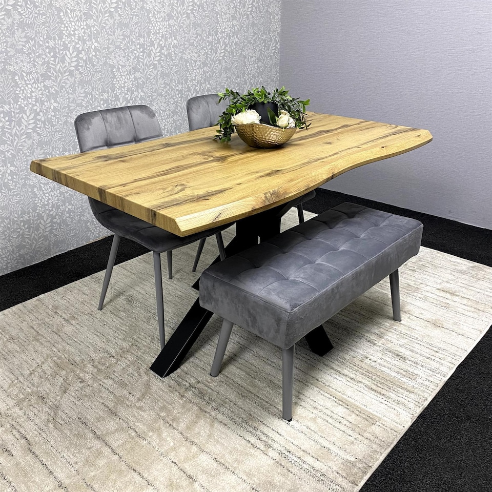 image 1 of Modern Dining Table Set With 2 Grey Velvet Chairs And Grey Velvet Bench Dining Room Furniture