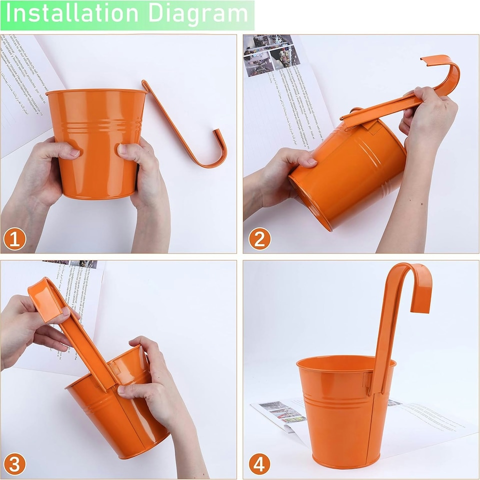 image 1 of Large Metal Flower Pot Vase Bucket Hanging Garden Planter without Drainage Hole, Balcony Home Decor, Detachable Hook Multi