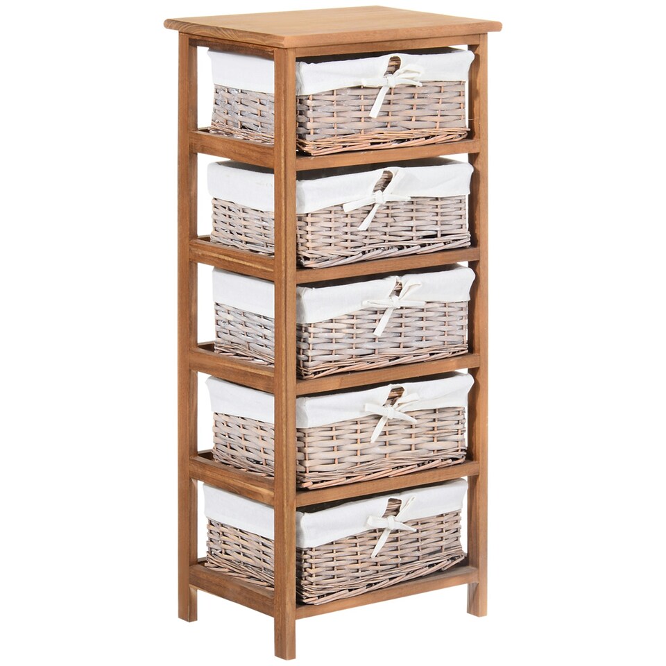 image 1 of HOMCOM 5 Drawer Wicker Basket Storage Shelf Unit Wooden Frame Home Natural
