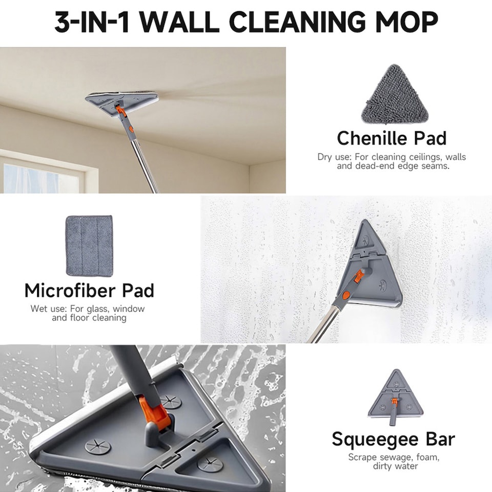 image 1 of Living and Home Wall Cleaning Mop Set with Adjustable Rod | Grey