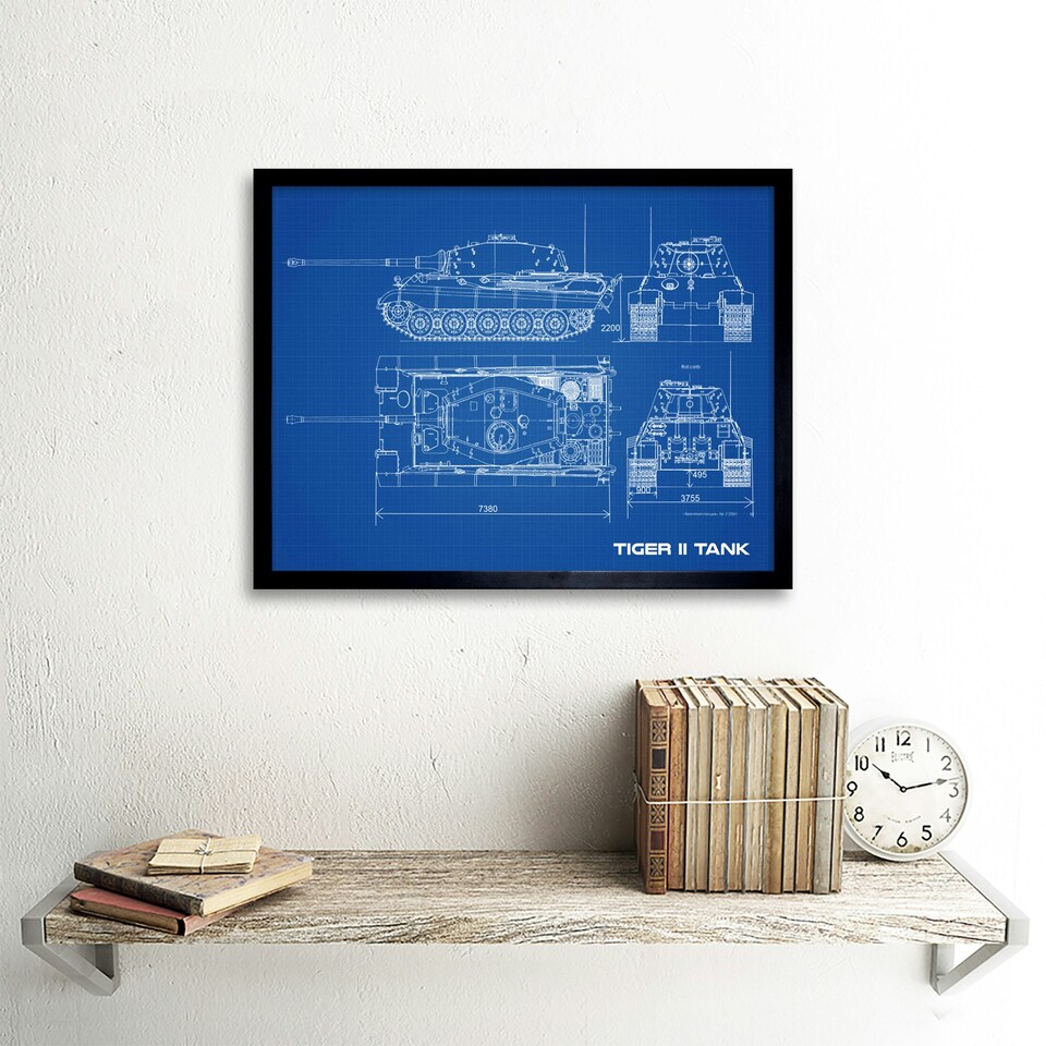 image 1 of Tiger II Panzerkampfwagen Heavy Tank Blue Plan 12x16" Framed Wall Art Print