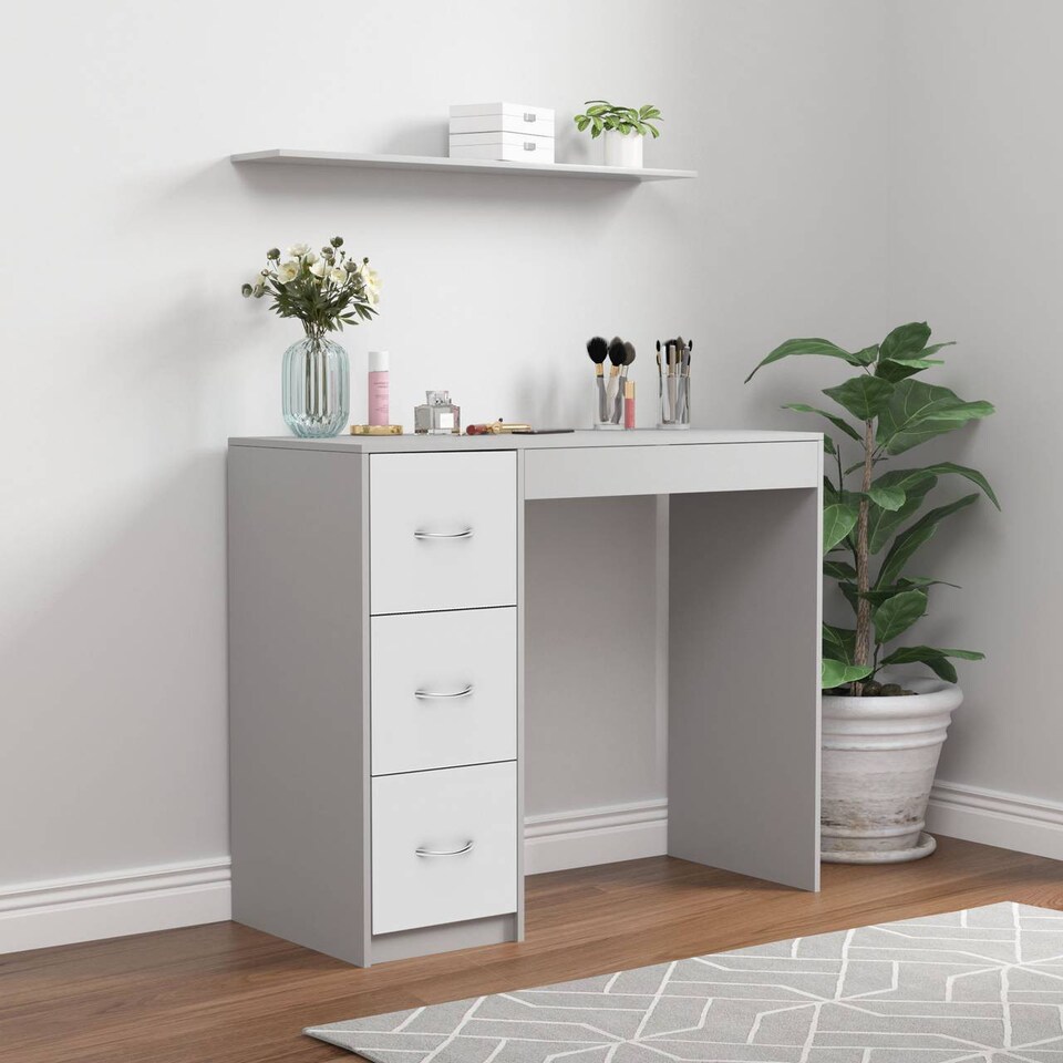image 1 of 3-Drawer Wooden Desk and Dressing Table - Multi-Functional, 79.5x93x40 cm | Grey | Cool Grey & White | 22.5 x 43.5 x 98.5 | 1