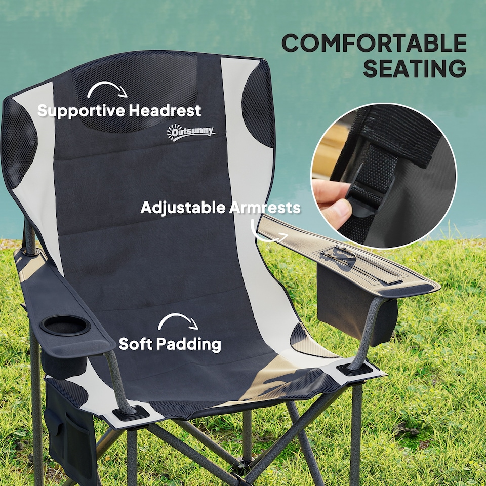 image 1 of Outsunny Set of 2 Folding Camping Chairs, Padded Camping Chairs with Adjustable Armrests, Portable & Lightweight Folding Camp Chair with Cooler Bag, Cup Holder and Side Pockets, Black | Black | Black
