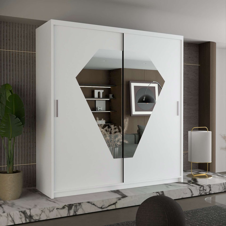 image 1 of Modern Sliding Door Wardrobe with Diamond Mirror & Adjustable Storage