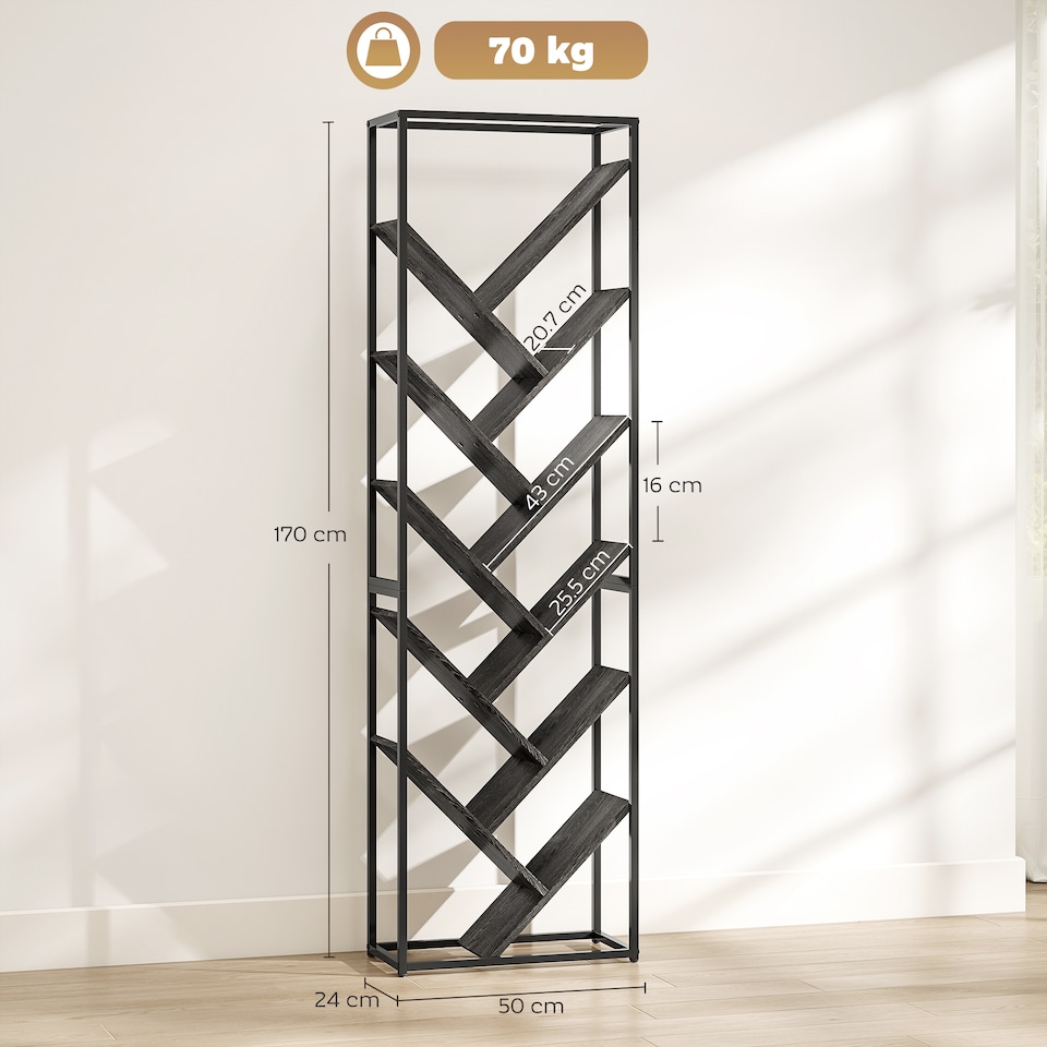 image 1 of HOMCOM Tree Bookshelf, 10 Tier Floor Standing Bookcase, Industrial Tall Display Storage Shelving Unit for Living Room, Home Office, Bedroom, Grey and Black | Black | Grey and Black