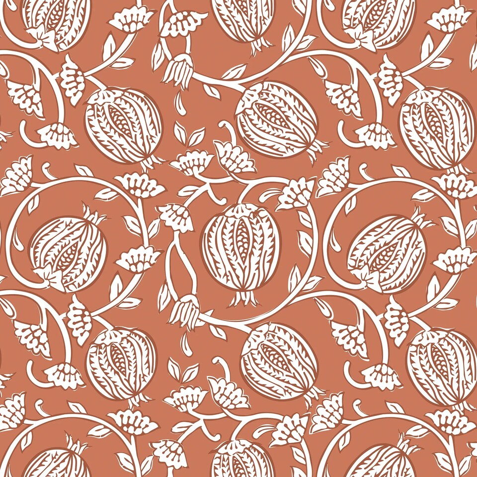 image 1 of Pomegranate Passion Wallpaper in Terracotta | Orange | Light, Orange | 50cm x 10m